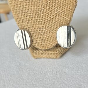 Mid-Century Modern Earrings Silver Round Dimentional Vertical Line